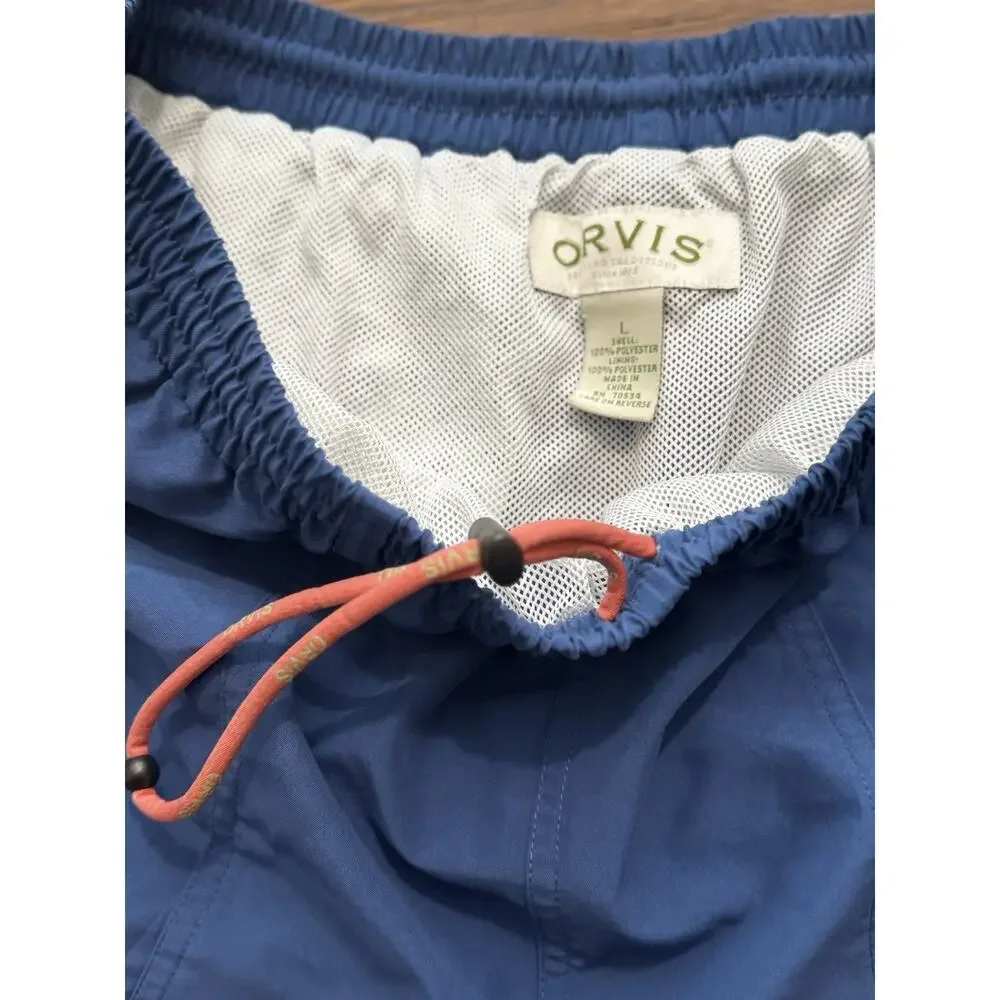 Orvis Mens Blue Swim Trunks Shorts L Mesh Lined Elastic Waist Quick Dry